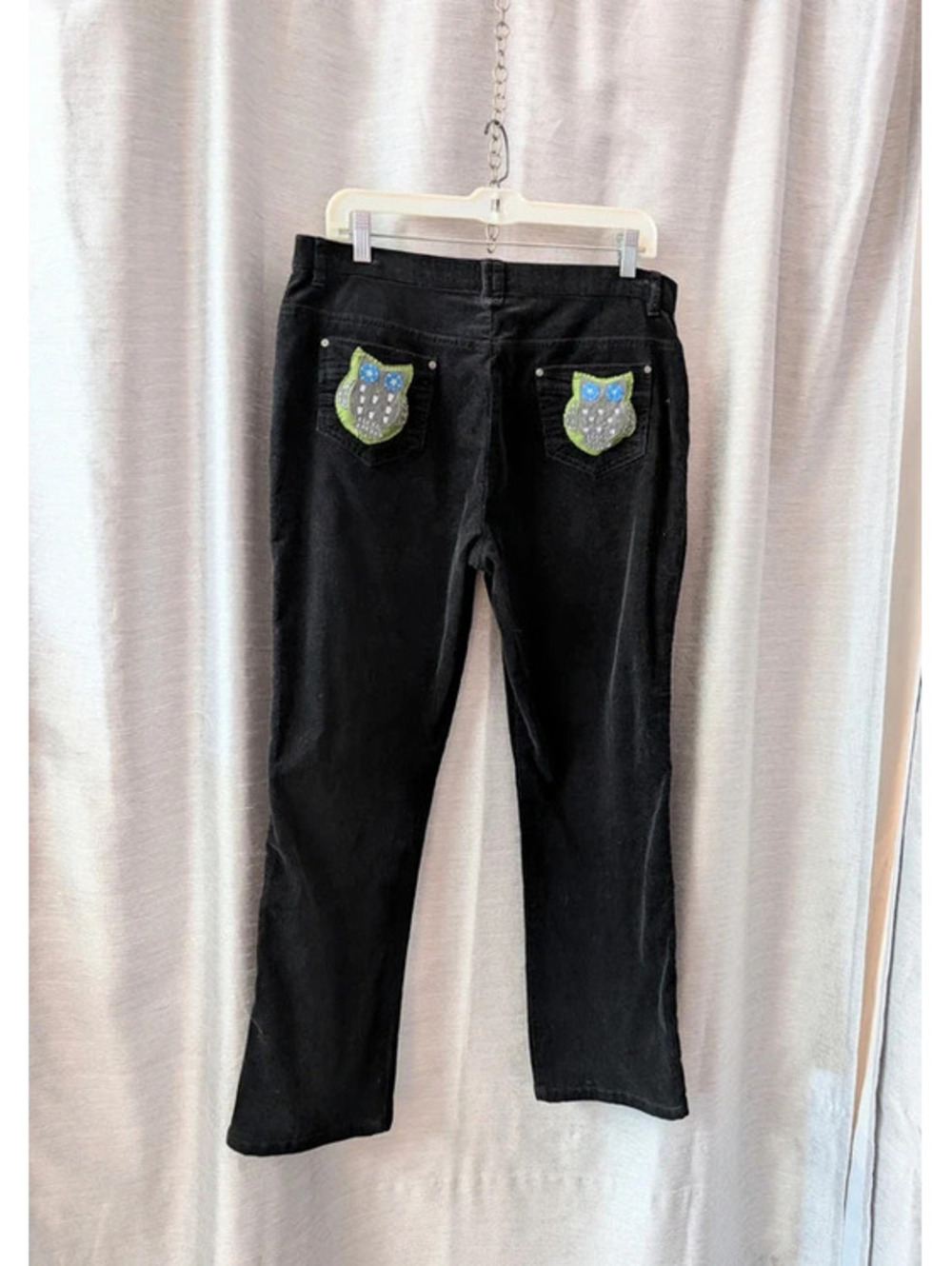 Owl Pocket Patch Black Corduroy Pants 12P